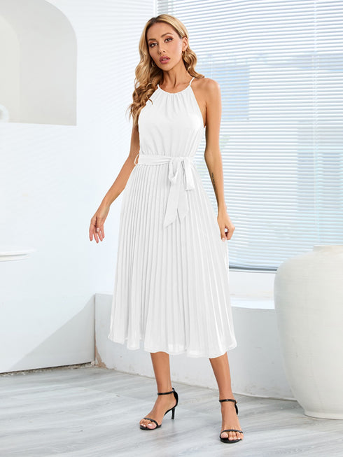 pleated-spaghetti-strap-tie-waist-midi-dress Sophia's Trends - Sophia's Style-Black-S